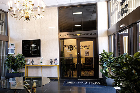 Picture of the inside lobby leading to the door of First Central Savings Bank's Lynbrook Branch.