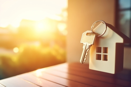 Decorative photo of home keys with a small home shaped key attachment during sunset.