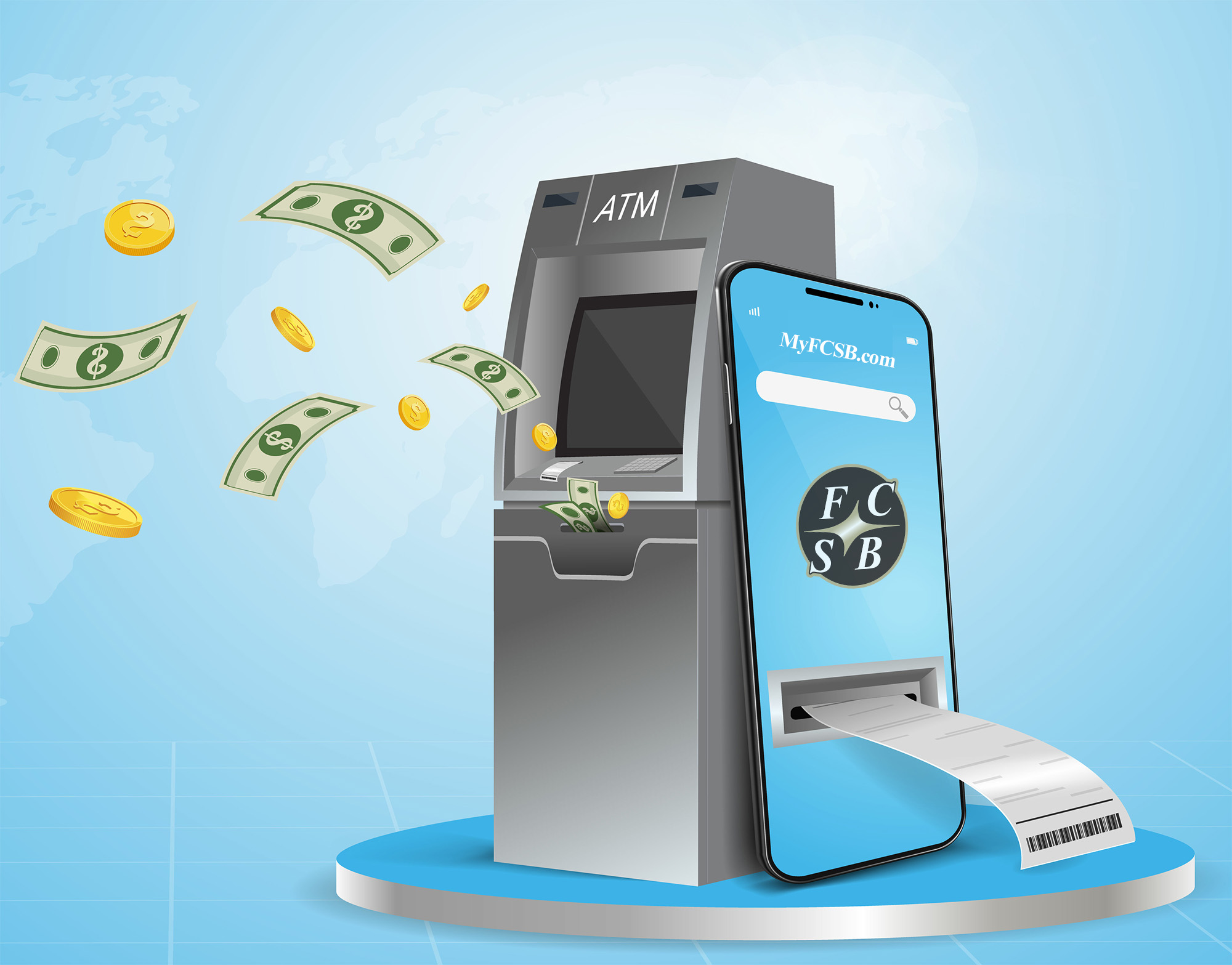 Illustration of an ATM and a phone showing the FCSB Mobile app.