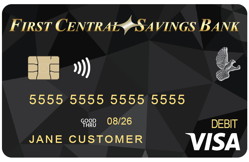 A decorative example picture of the FCSB Debit Card front side with Jane Customer as customer name, Visa, Debit, and contactless icons on the sample card.