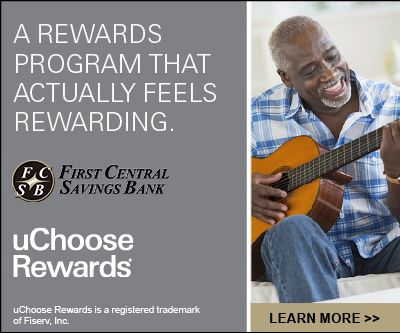 Photo with text of an older adult enjoying playing the guitar to show the uChoose Rewards program. Text on picture states: "A rewards program that actually feels rewarding." uChoose is a registered trademark of Fiserv Inc. Learn more by clicking.